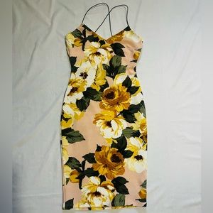 Love Culture Floral Midi Dress Small Yellow Bodycon Cutout Back Stretch